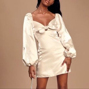Lulu’s Daydream Cream Satin Puff Sleeve Midi dress